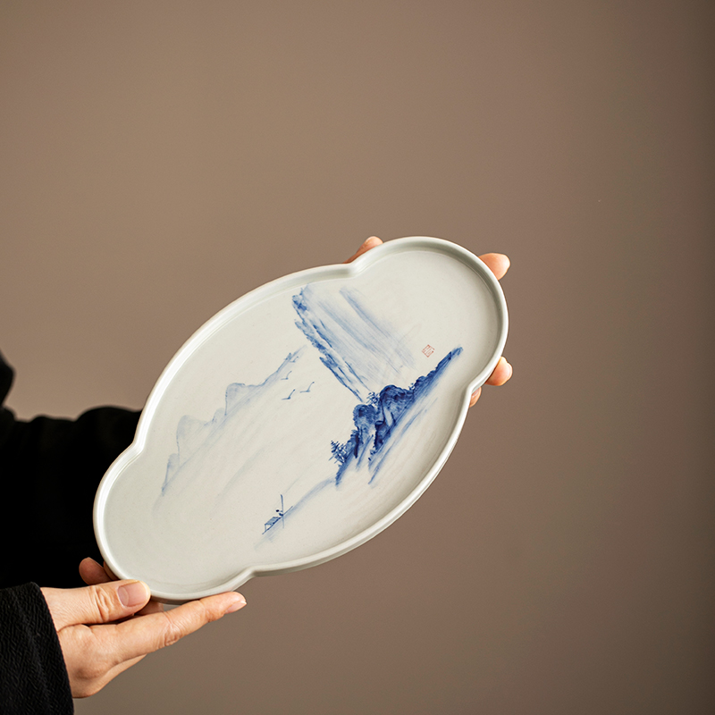 皆茶事中式云盘陶瓷手绘山水