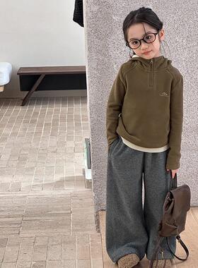Yumi妈儿童冬装防风保暖连帽衫上衣女童锁温半拉链毛绒卫衣25H008