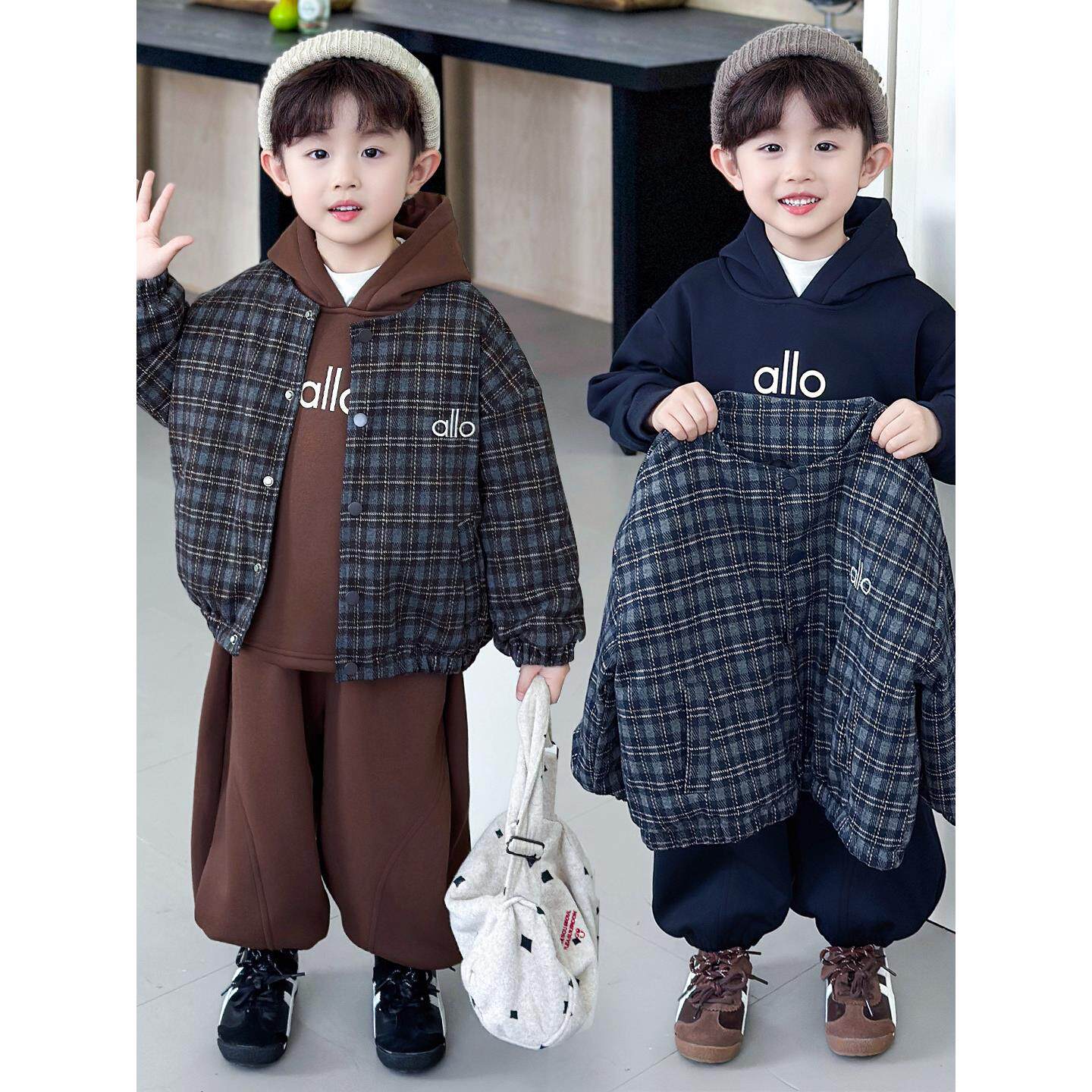 男童加绒卫衣套装秋冬2025新款儿童加厚格子外套冬装保暖三件套潮