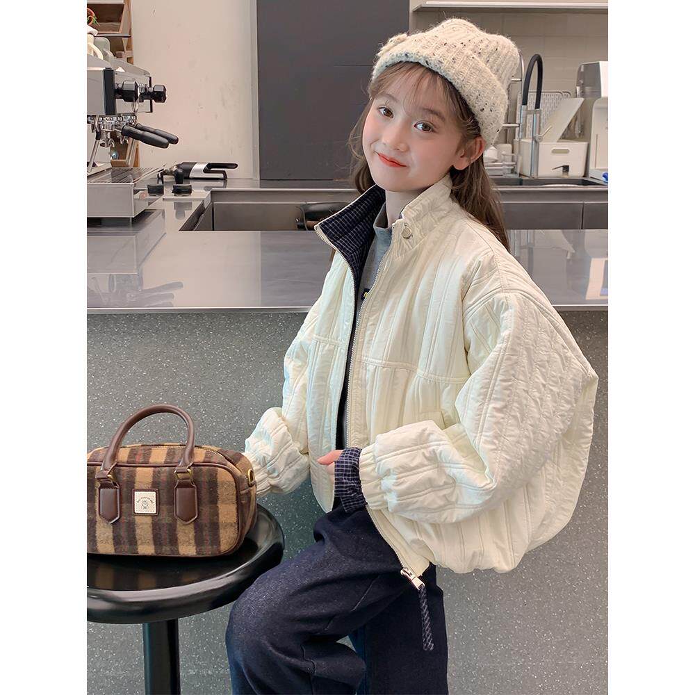 女童棉服秋冬装2025新款中大童立领夹棉外套韩版加厚拼接夹克洋气