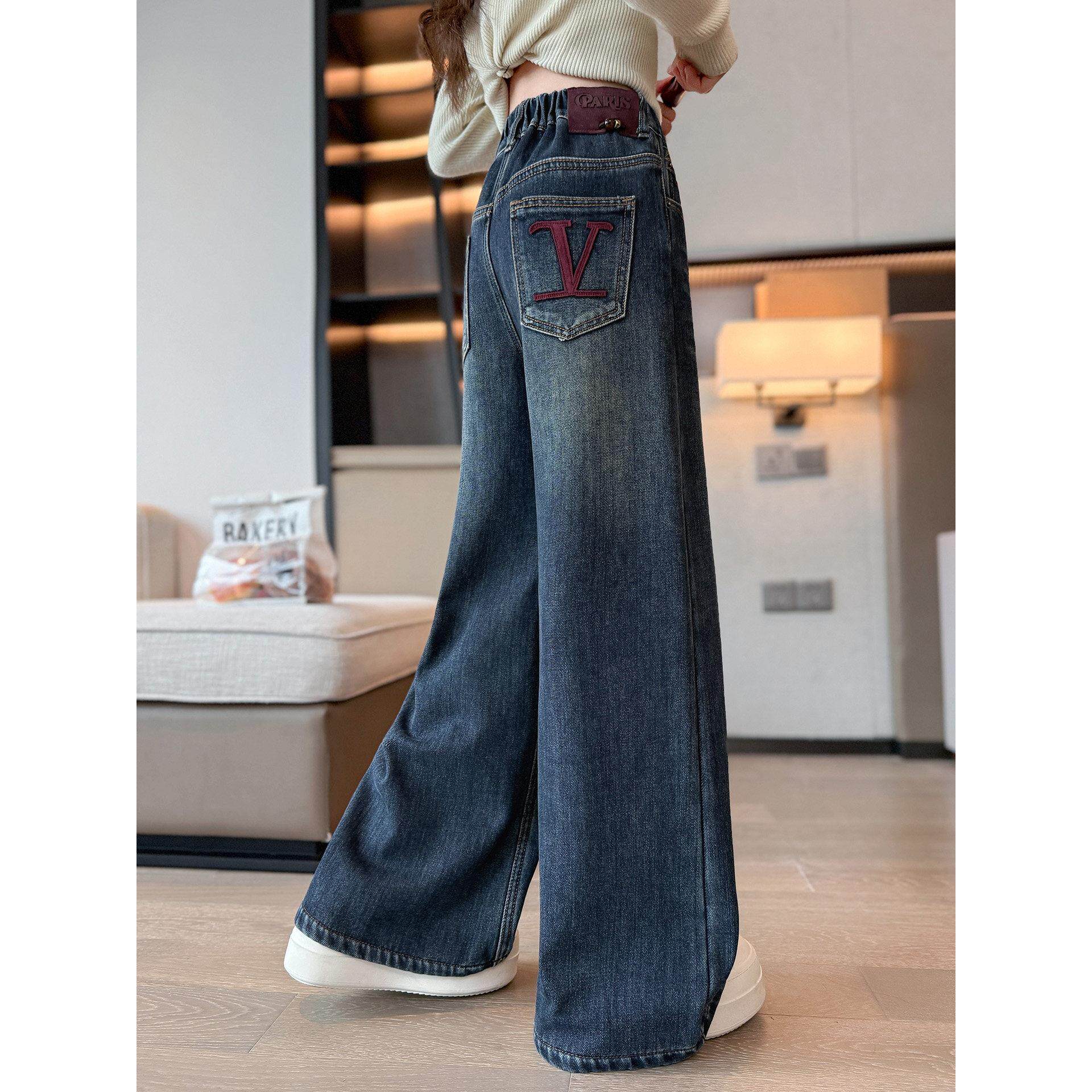 女童加绒裤子一体绒牛仔裤2025新款大童刺绣直筒阔腿裤儿童冬装裤