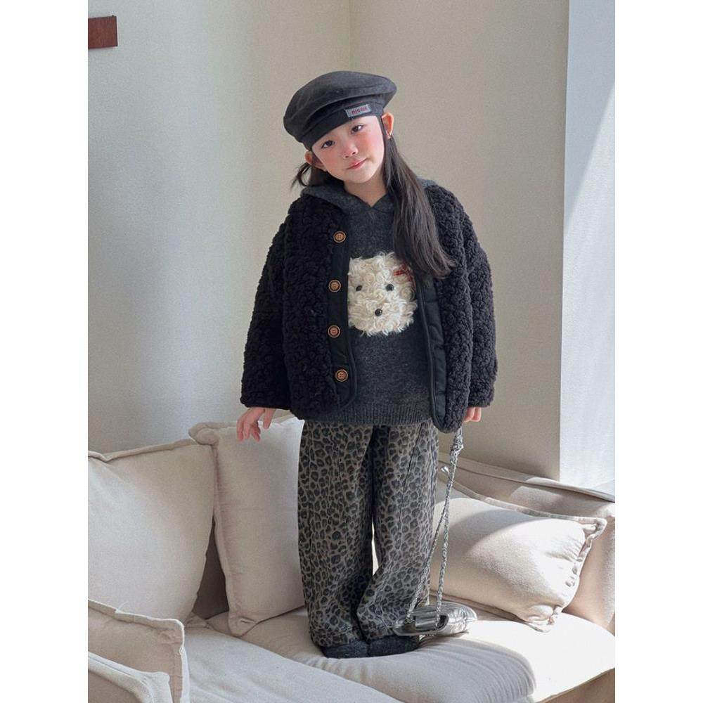 韩版女童洋气时髦加厚毛毛外套小狗连帽针织毛衣宝宝加绒豹纹裤潮