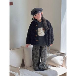 韩版女童洋气时髦加厚毛毛外套小狗连帽针织毛衣宝宝加绒豹纹裤潮
