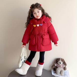女童棉服冬季抽绳红色2025新款儿童红色加厚棉袄宝宝冬装外套棉衣