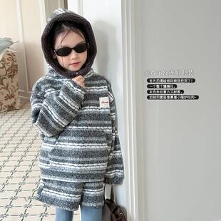 冬季女童浪漫费尔岛连帽套头衫+短裤 儿童加厚保暖卫衣套装
