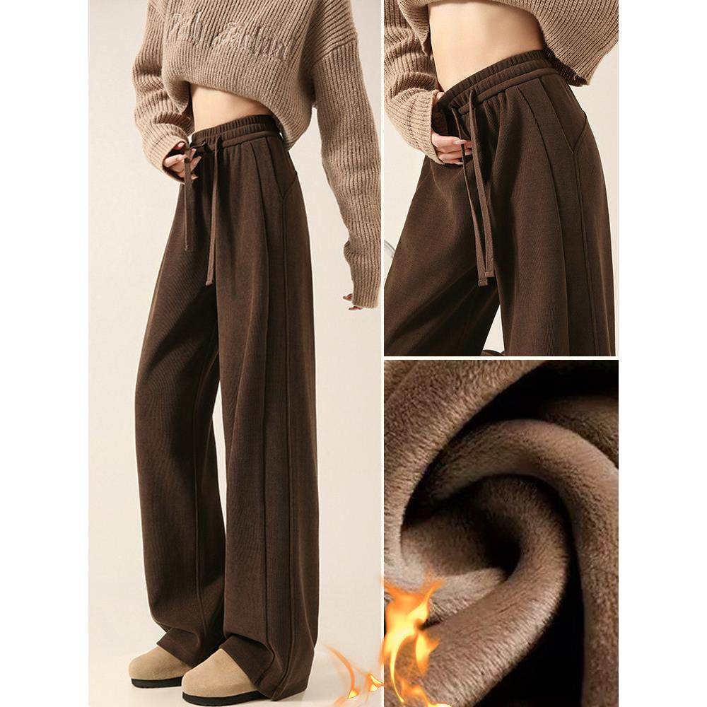 咖色加绒窄版阔腿裤女2025新款秋冬小个子直筒休闲运动美拉德裤子