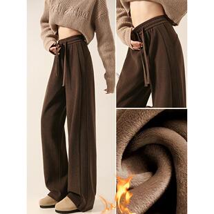 咖色加绒窄版阔腿裤女2025新款秋冬小个子直筒休闲运动美拉德裤子
