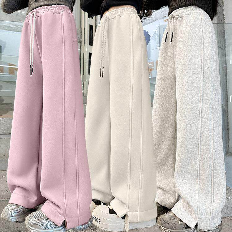 女童裤子加绒秋冬款2025新款一体绒运动裤大童女孩冬装直筒阔腿裤