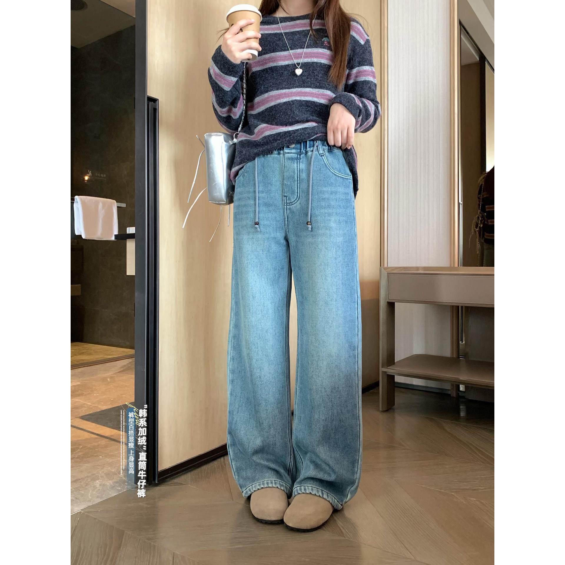 女大童加绒浅蓝牛仔裤2025冬季新款初中生休闲保暖直筒裤亲子长裤