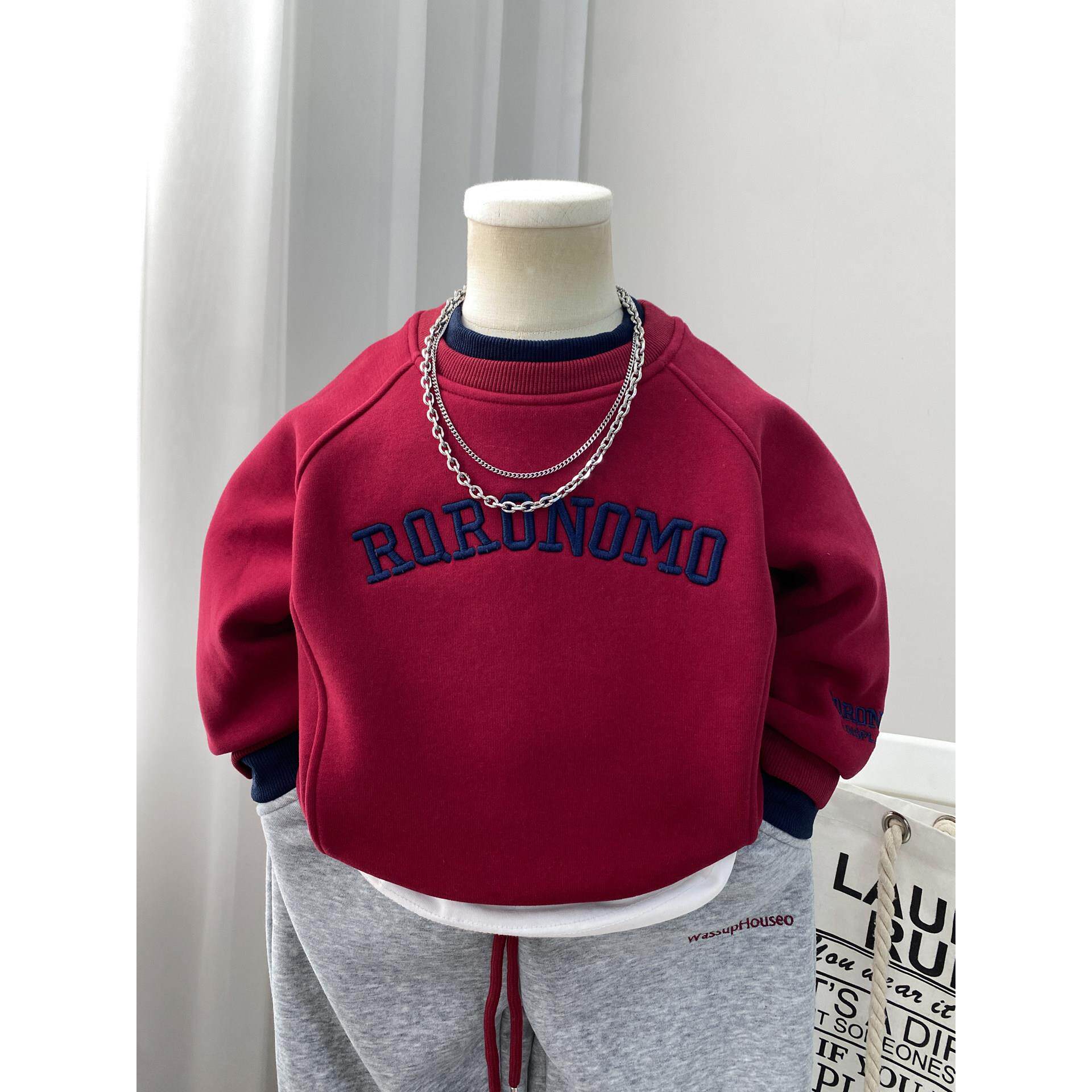 男童加绒卫衣秋冬款2025新款儿童一体绒打底衫上衣冬季潮男孩红色