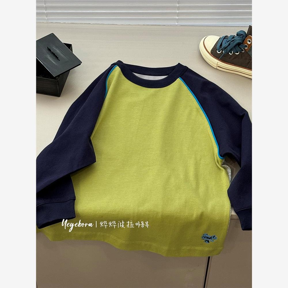 Pola男孩拼接长袖t恤2025秋季儿童底裤衬衫中号和大号儿童运动衫