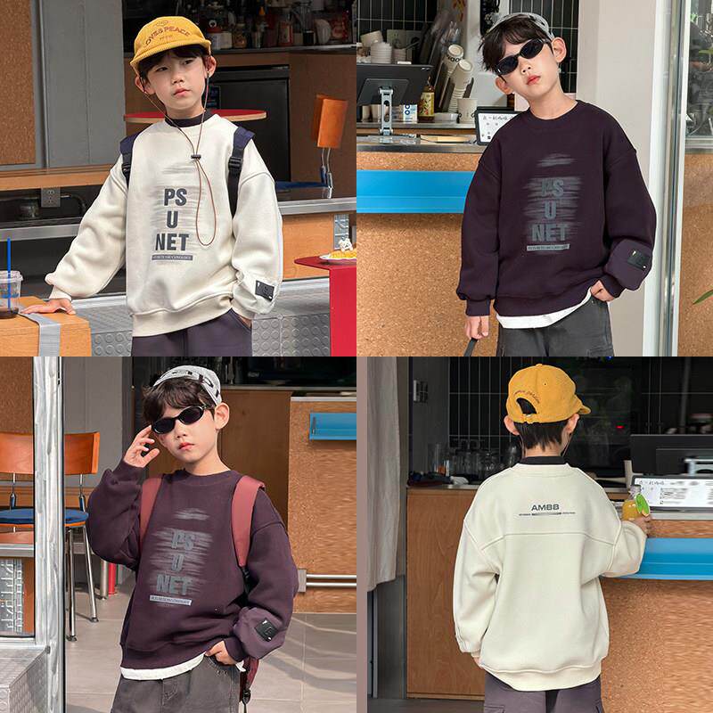 男童加绒卫衣儿童冬装宝宝加厚宽松圆领字母贴标打底上衣潮