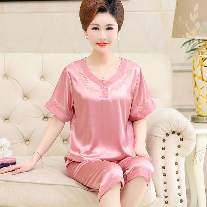 中年女士妈妈半袖睡衣女仿韩版春秋季短袖七分裤家居服百搭绸套装