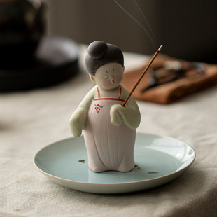 古风小唐妞仕女陶瓷香插创意手工线香插香座香道茶道装 饰摆件配件