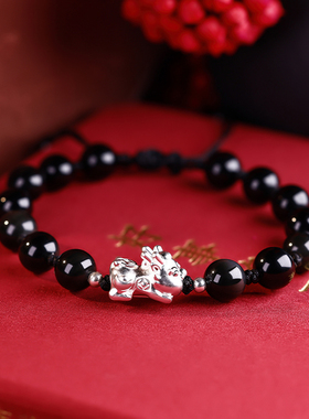 麒麟黑曜石手绳配女款2024新款气质轻奢珠珠999足银素款精致手串