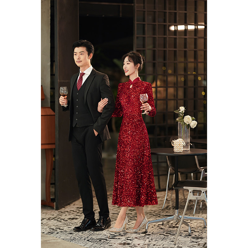 中式敬酒服d回门服新娘结婚订婚连衣裙亮片酒红色晚礼服出阁宴气,女装/女士精品,礼服/晚装,淘宝优惠券,粉丝福利购,淘宝优惠卷