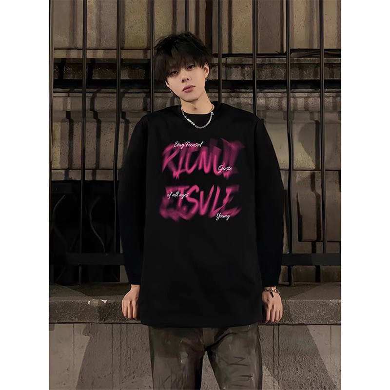 圆领无帽卫衣男款春秋2025新款潮牌痞帅炸街美式高街重磅黑粉上衣