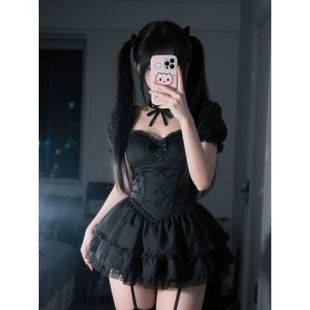 蕾絲收腰顯瘦減齡黑色連衣裙蓬蓬超短裙夏季 辣妹甜酷純欲風(fēng)泡泡袖