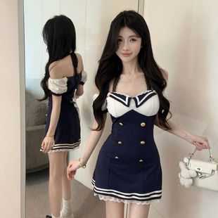 甜美学院风水手服拼接撞色挂脖连衣裙新款 夏季 收腰显瘦花边辣妹裙
