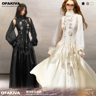 芙罗拉 OfAkiva 藤蔓花朵打揽拼接连衣裙女印花裙 李梦同款