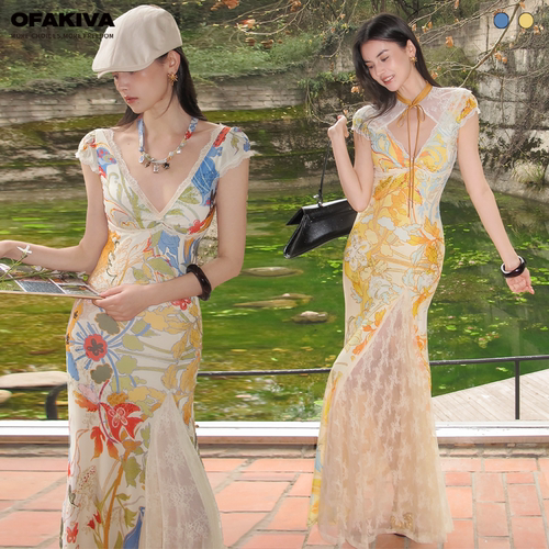 OfAkiva“吟花室”法式花园印花高弹力盘金绣针织蕾丝茶歇裙