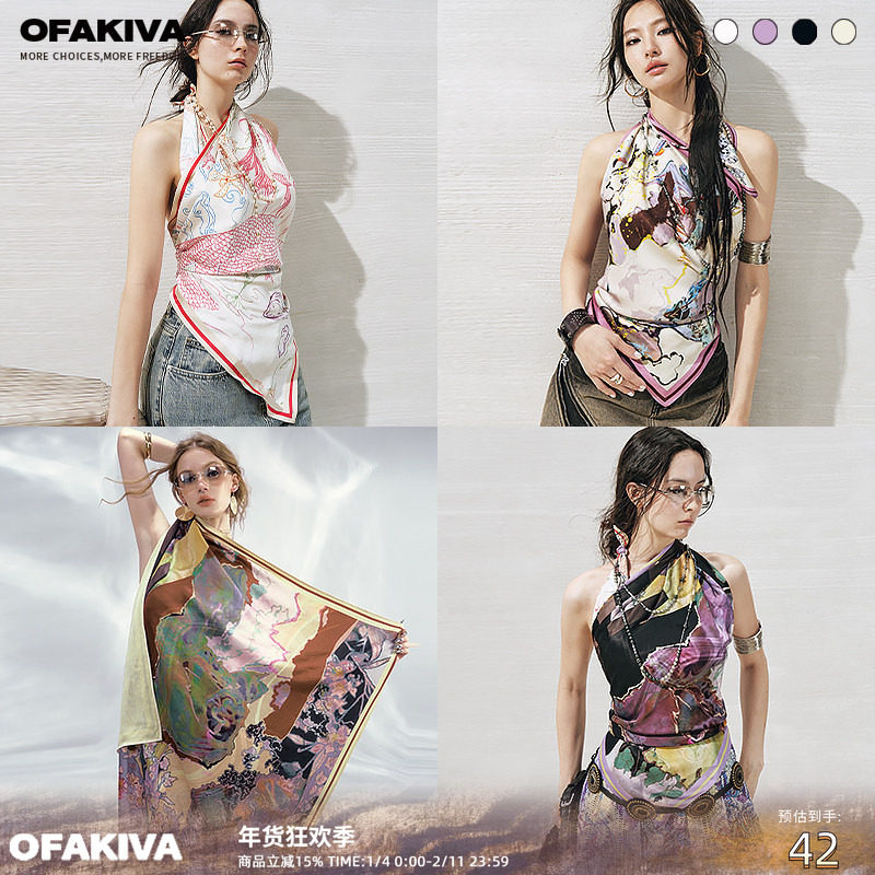 【现货】OfAkiva 原创手绘复古缎面印花方巾抹胸,女装/女士精品,抹胸,淘宝优惠券,粉丝福利购,淘宝优惠卷