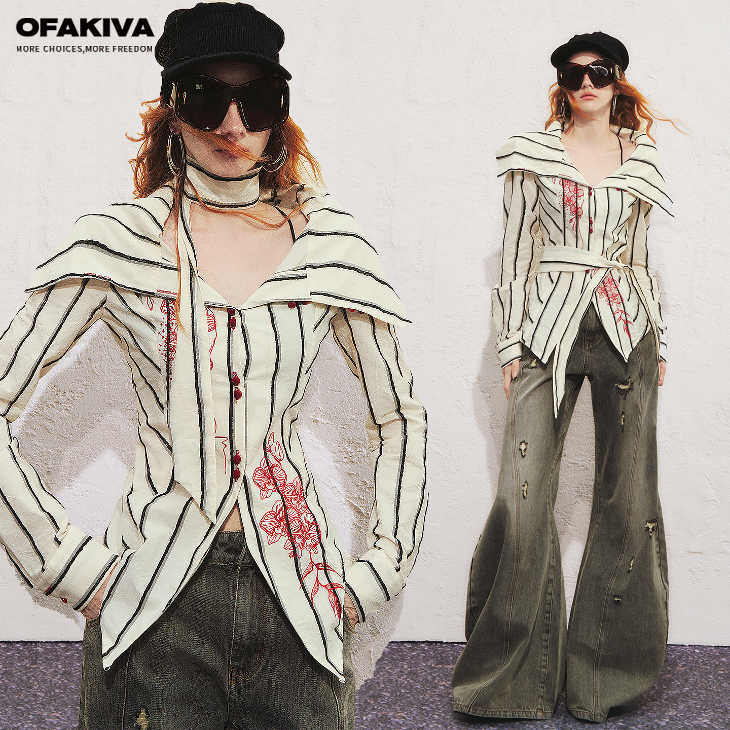 OfAkiva“卡尔顿”条纹撞色蝴蝶兰重工刺绣束领泡泡袖修身衬衣