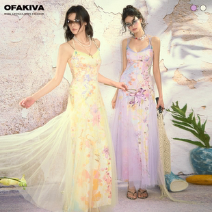OfAkiva“一溪云”油画印花欧根纱吊带裙氛围感两件套连衣裙