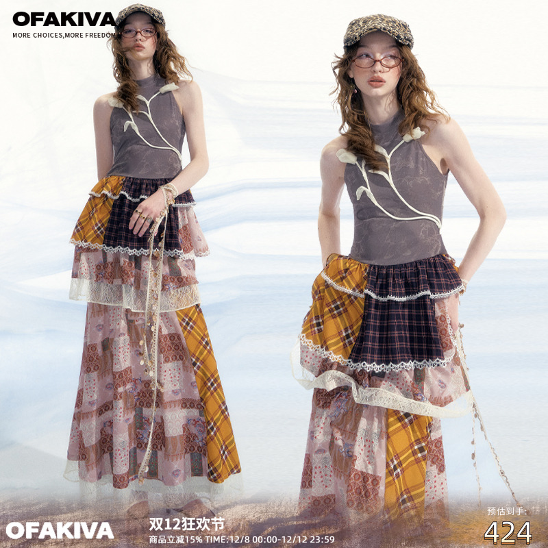 【现货】OfAkiva“克洛伊”波西米亚浪漫拼接感郁金香背心连衣裙