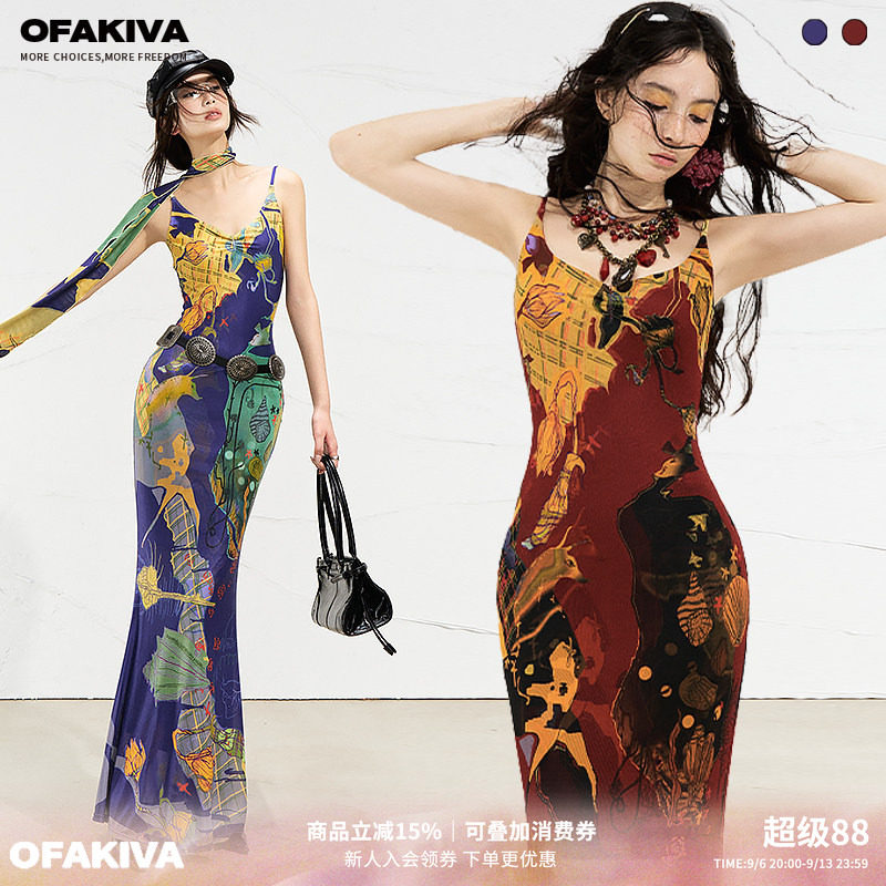 OfAkiva“真实幻境”蒙德里撞色原创手绘印花吊带连衣裙图片