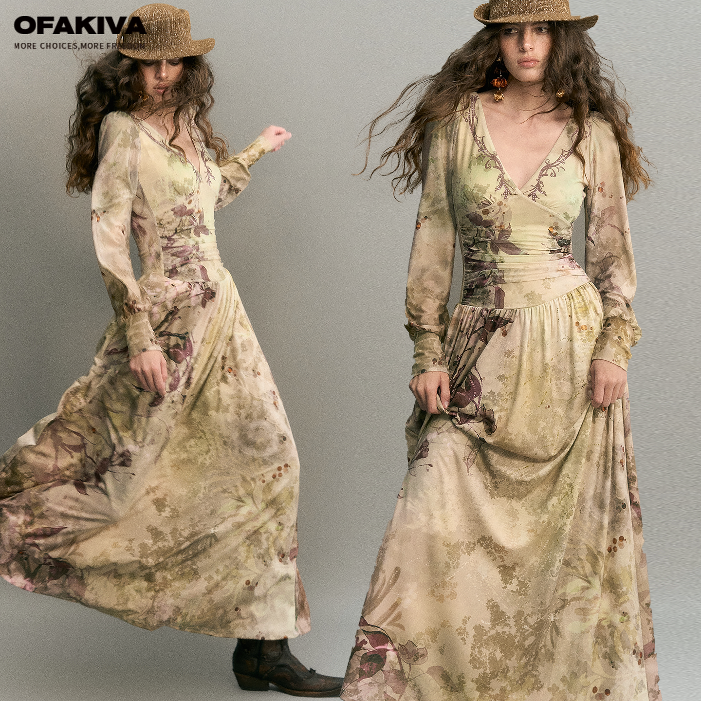 OfAkiva“旧雾草本”复古印花连衣裙女长袖V领褶皱收腰显瘦长裙										