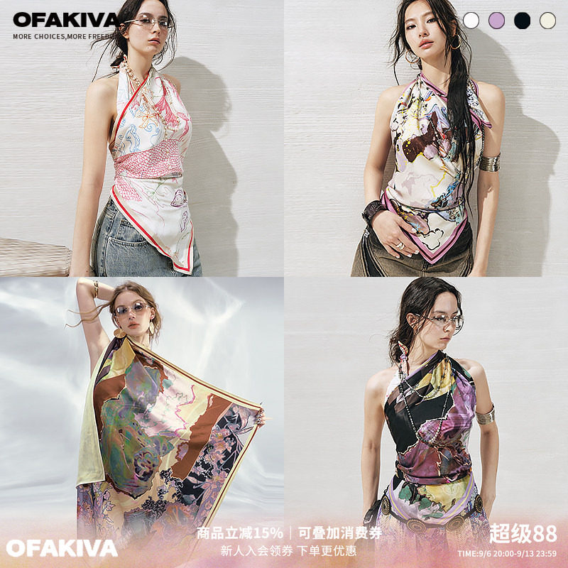 OfAkiva 原创手绘复古缎面印花方巾抹胸