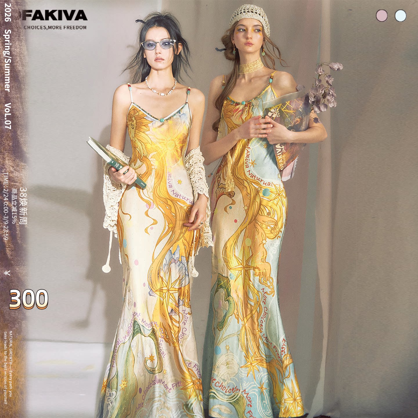 OfAkiva&ldquo;桑德罗&rdquo;闪耀烫钻神秘主义印花串珠连衣裙女V领吊带长裙