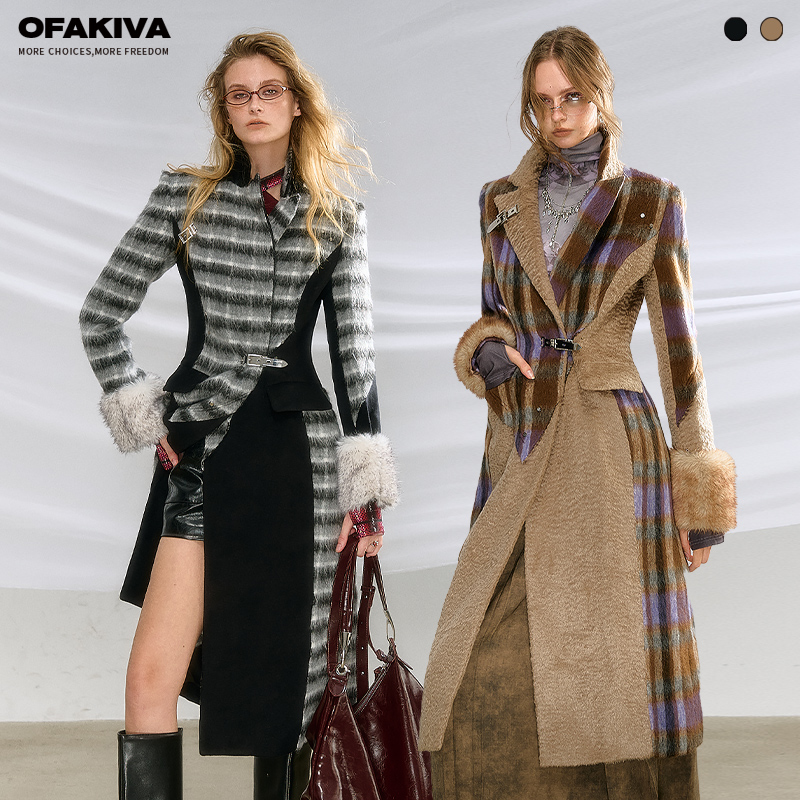 撞色毛呢外套女长款千鸟格呢大衣