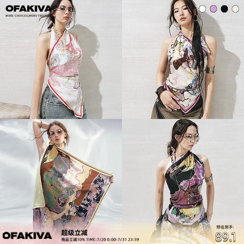 OfAkiva 原创手绘复古缎面印花方巾抹胸 - 封面