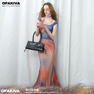 巨星出逃 OfAkiva 落日油画印花连衣裙女夏碎花裙 现货
