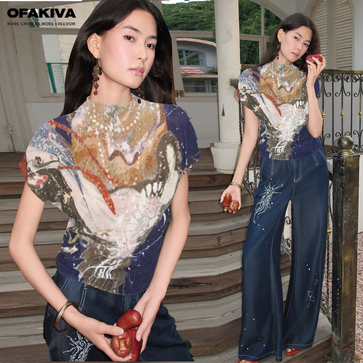 OfAkiva“鹤引”插画师合作款山海经印花T恤女中领压褶弹力上衣图片