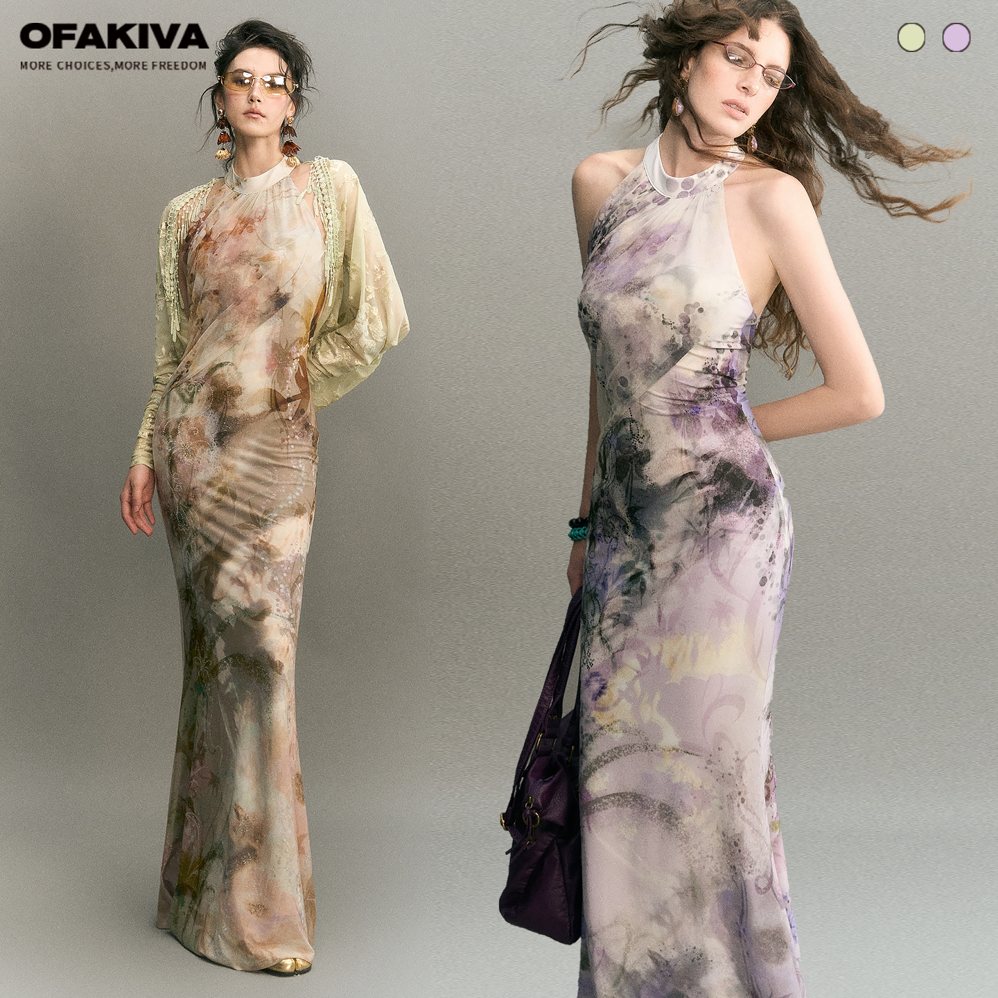 OfAkiva“雾色水墨”中式挂脖连衣裙女复古氛围收腰修身鱼尾长裙
