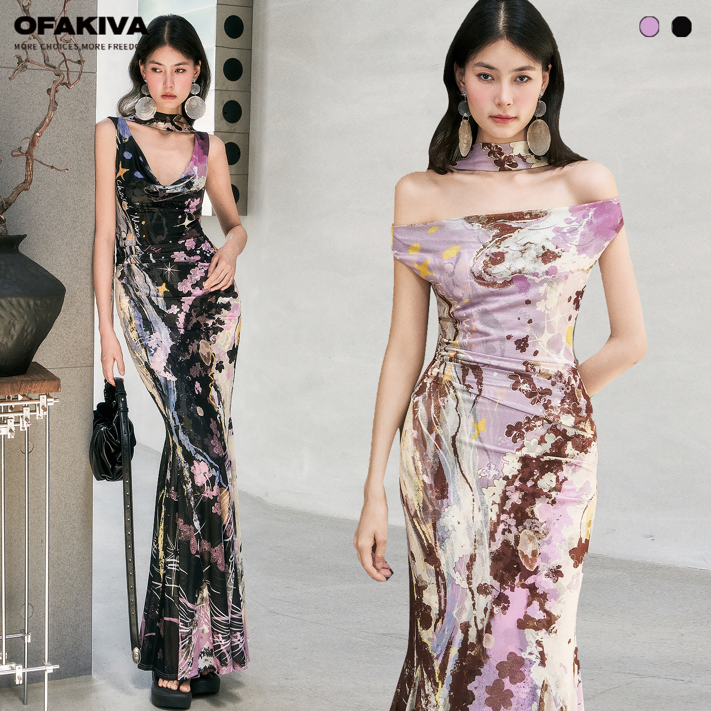 OfAkiva“巴塞罗那的夜晚”原创印花网纱连衣裙女荡领斜肩鱼尾裙图片