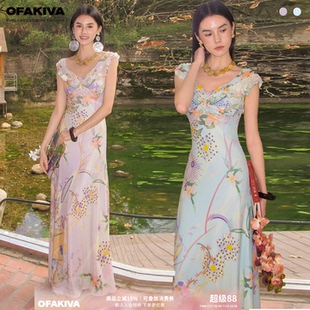 OfAkiva“植物图鉴”法式复古度假感碎花连衣裙女一字肩包臀裙