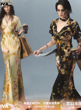 【李梦同款】OfAkiva“月色骨藤”新中式水彩花卉印花鱼尾连衣裙