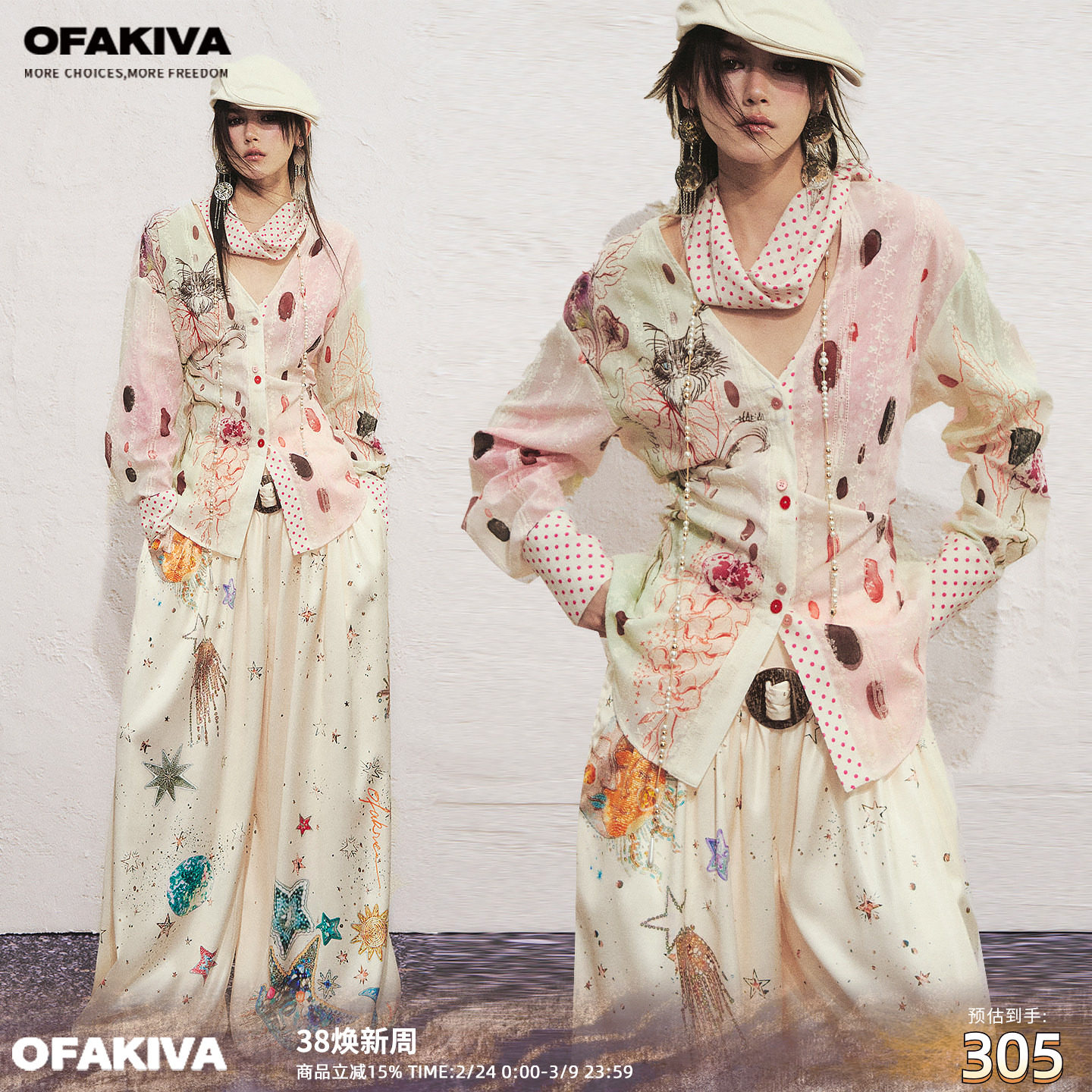 OfAkiva“荷鲁斯”手绘水彩猫咪印花衬衫女波点领巾系带收腰衬衣