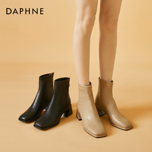 达芙妮高跟短靴女冬加绒2021年新款方跟弹力瘦瘦靴增高黑色靴子女图片