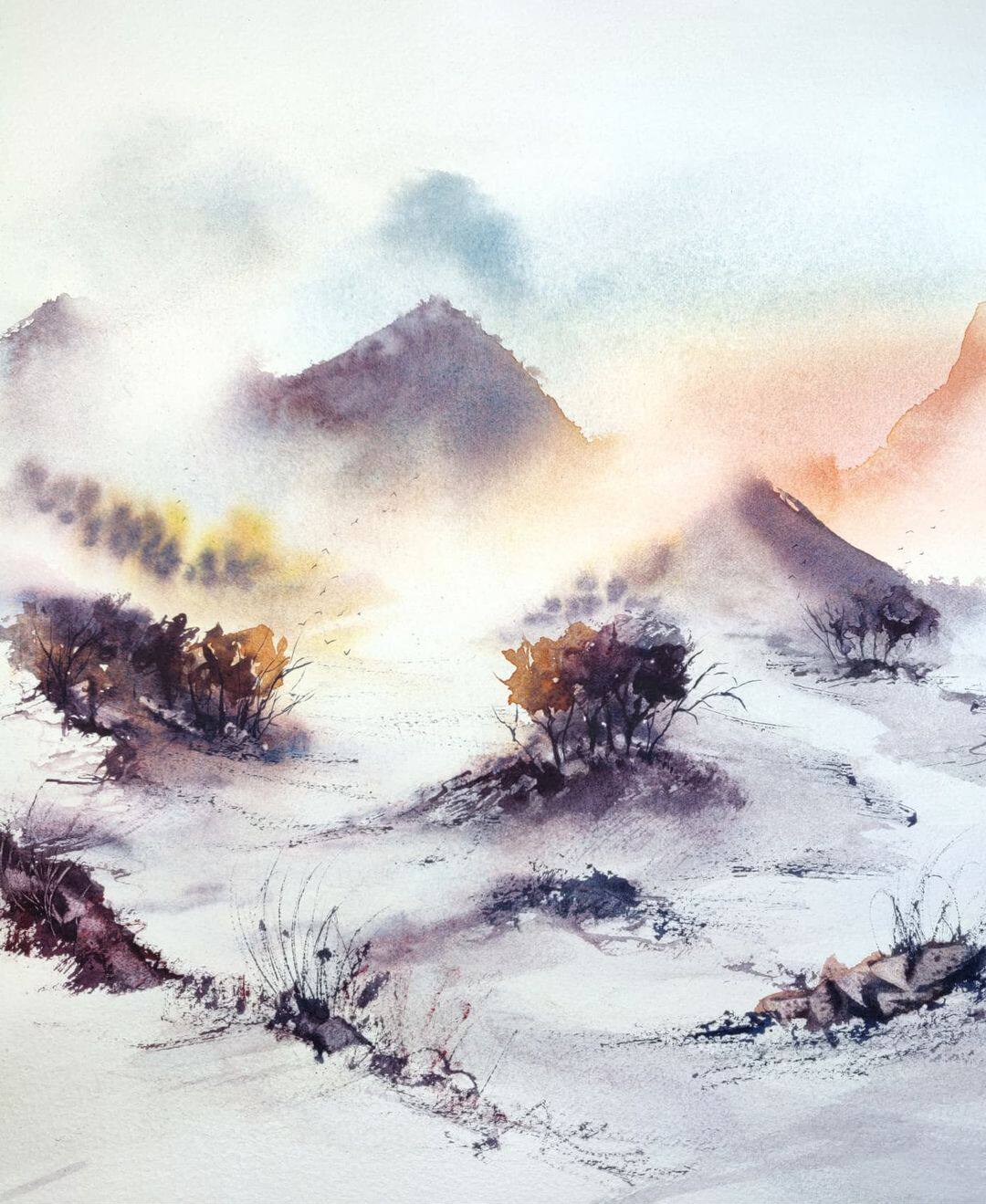 朦胧意境唯美水彩水墨画电子版临摹素材图片插画图集风景树木手绘