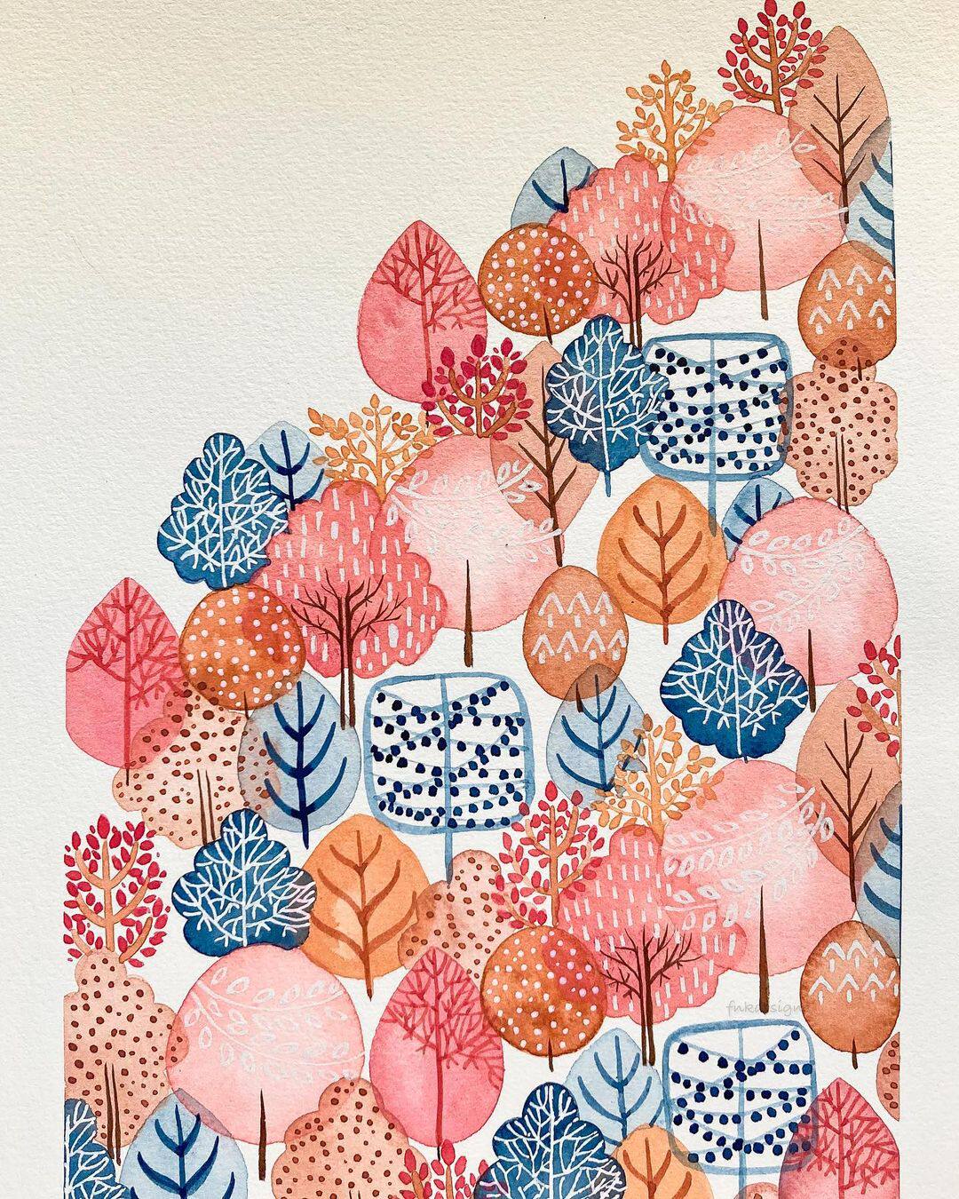 小清新唯美植物花卉树木树叶绿叶盆景水彩插画师手绘临摹素材图集