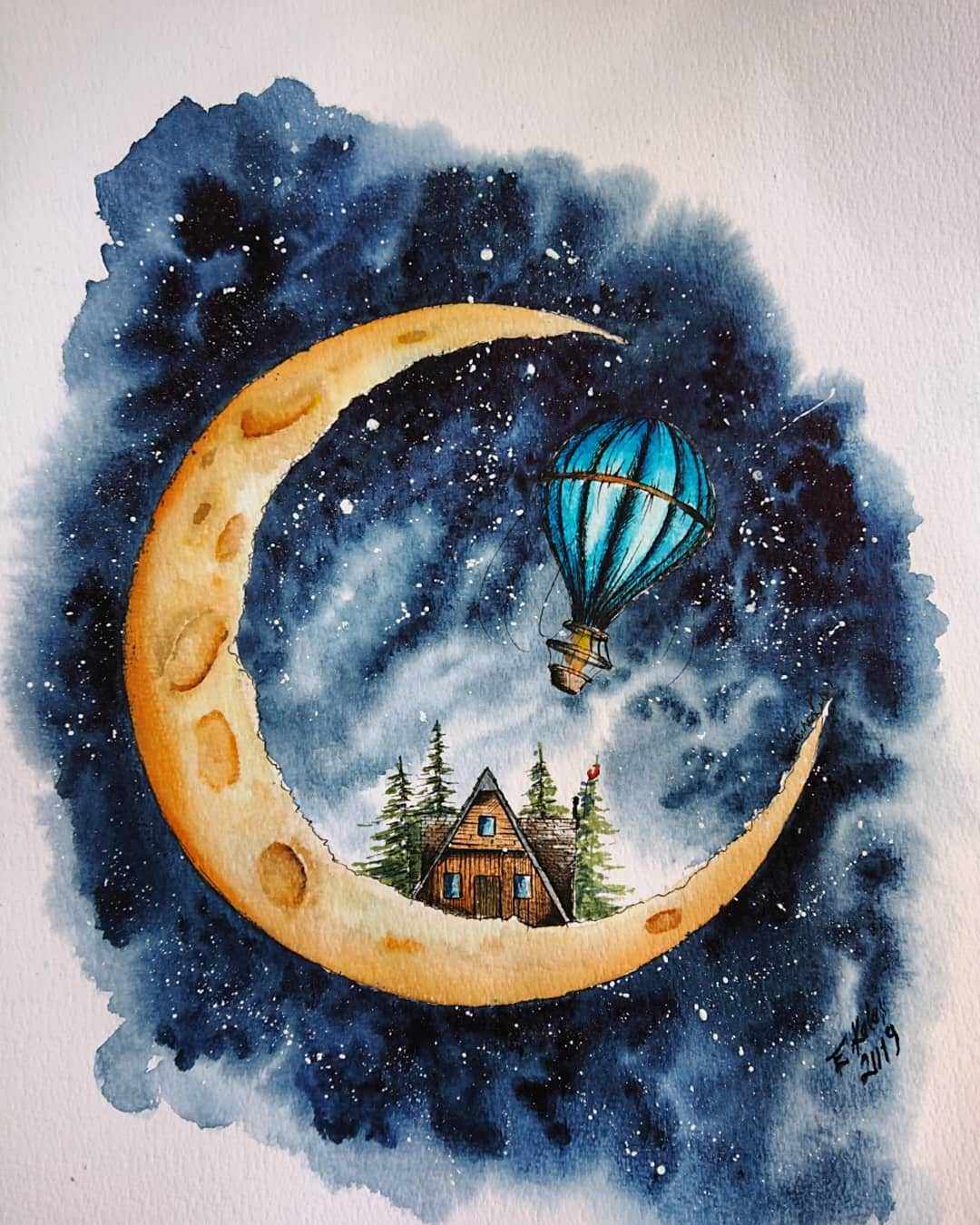 b108国外插画师emines唯美梦幻水彩手绘天空夜空星空风景绘画素材