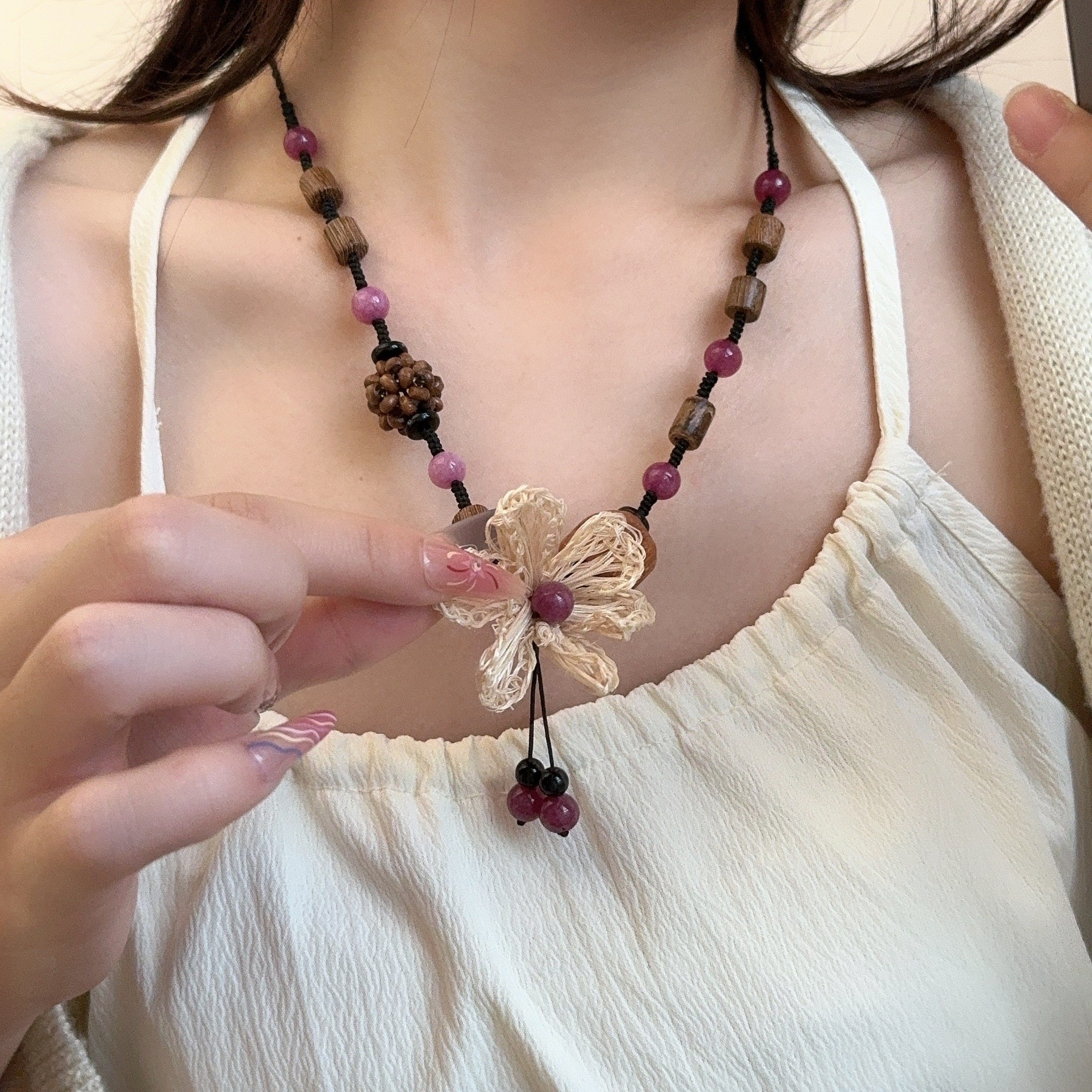 新中式手工编织花朵项链木制复古国风毛衣链小众高级感民族风配饰,饰品/流行首饰/时尚饰品新,项链,淘宝优惠券,粉丝福利购,淘宝优惠卷