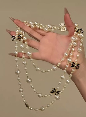 法式多层珍珠滴油蝴蝶结项链女长款轻奢高级感小众设计毛衣链配饰