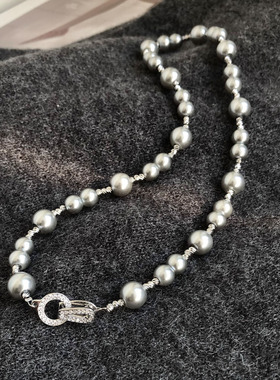 微镶锆石闪钻灰色珍珠项链毛衣链