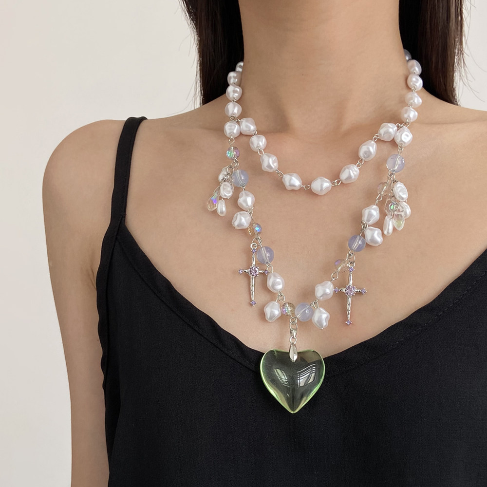 不规则串珠珍珠爱心吊坠项链颈链